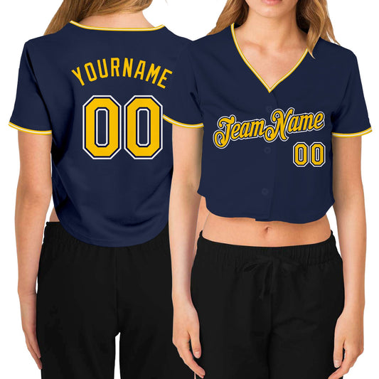 Custom Women's Navy Gold-White V-Neck Cropped Baseball Jersey - Sky-Custom