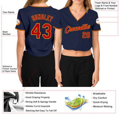 Custom Women's Navy Red-Gold V-Neck Cropped Baseball Jersey - Sky-Custom