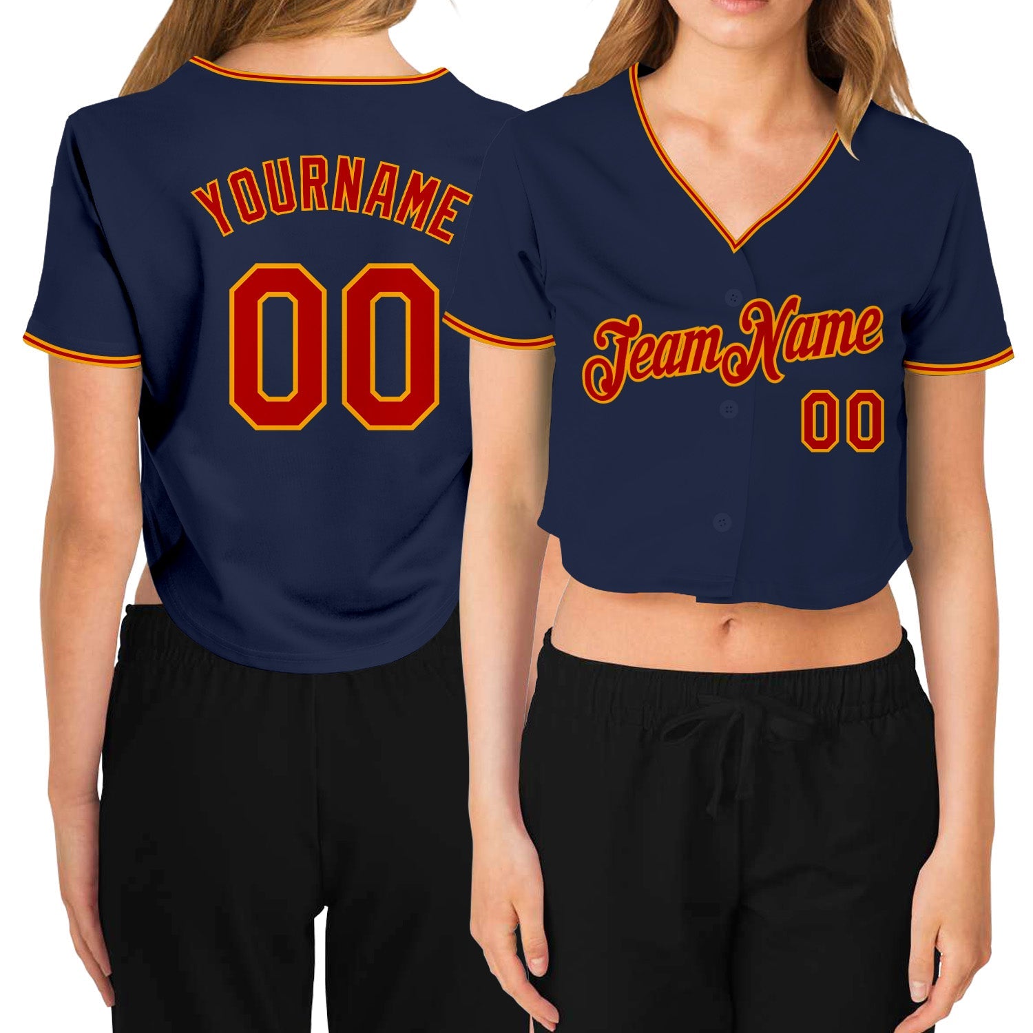 Custom Women's Navy Red-Gold V-Neck Cropped Baseball Jersey - Sky-Custom