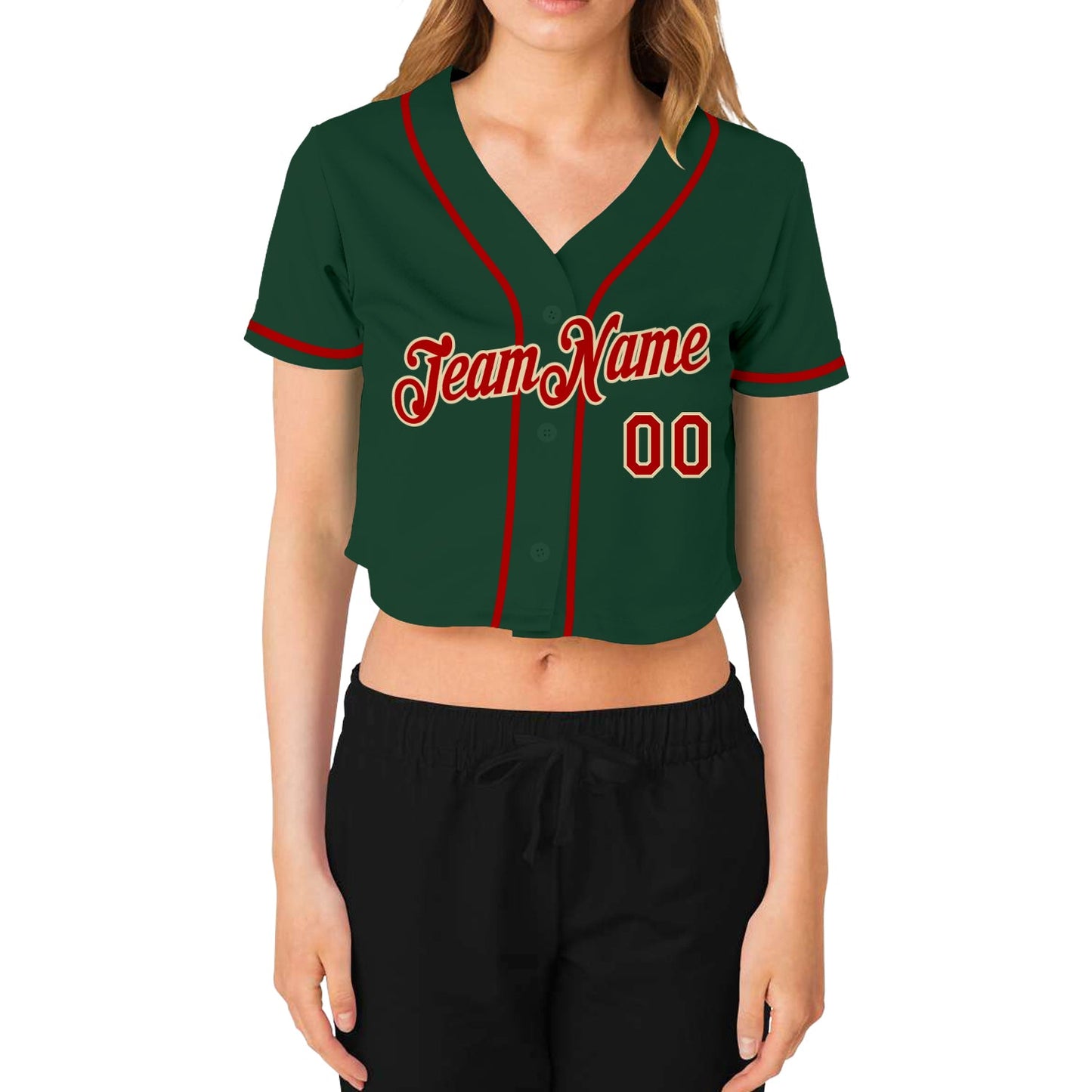 Custom Women's Green Red-Cream V-Neck Cropped Baseball Jersey - Sky-Custom