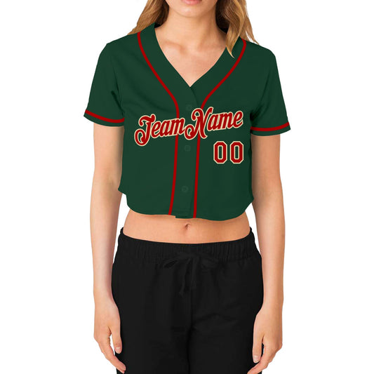 Custom Women's Green Red-Cream V-Neck Cropped Baseball Jersey - Sky-Custom