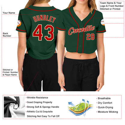Custom Women's Green Red-Cream V-Neck Cropped Baseball Jersey - Sky-Custom