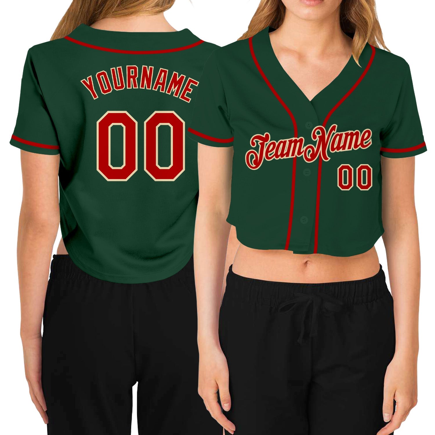 Custom Women's Green Red-Cream V-Neck Cropped Baseball Jersey - Sky-Custom