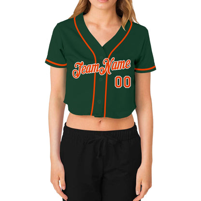 Custom Women's Green Orange-White V-Neck Cropped Baseball Jersey - Sky-Custom