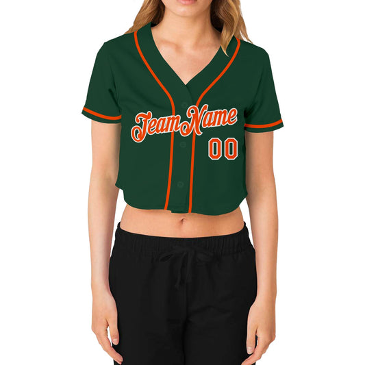 Custom Women's Green Orange-White V-Neck Cropped Baseball Jersey - Sky-Custom