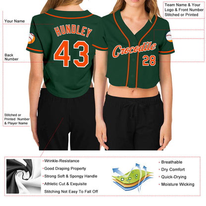 Custom Women's Green Orange-White V-Neck Cropped Baseball Jersey - Sky-Custom