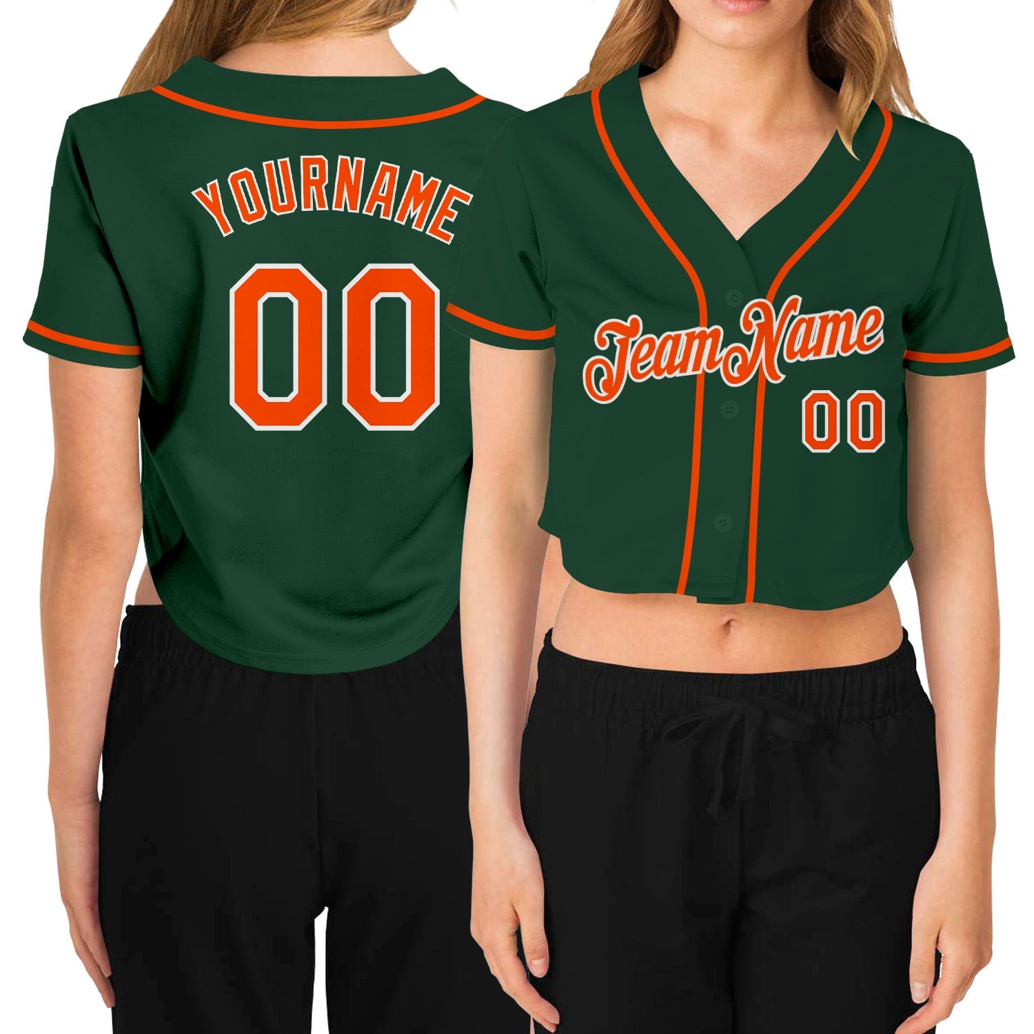 Custom Women's Green Orange-White V-Neck Cropped Baseball Jersey - Sky-Custom