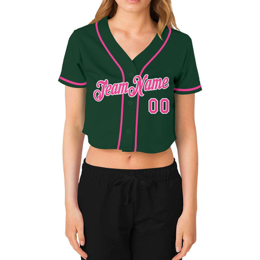 Custom Women's Green Pink-White V-Neck Cropped Baseball Jersey - Sky-Custom