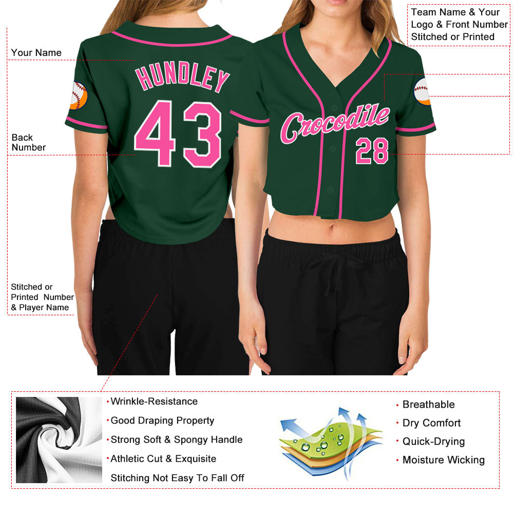 Custom Women's Green Pink-White V-Neck Cropped Baseball Jersey - Sky-Custom