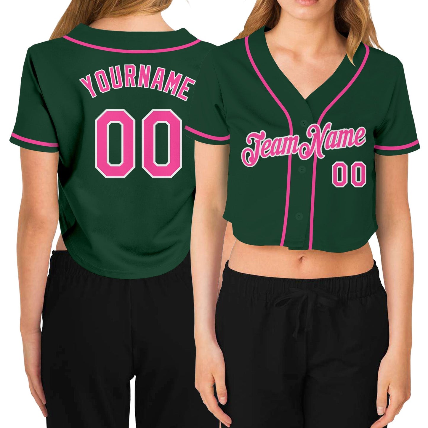 Custom Women's Green Pink-White V-Neck Cropped Baseball Jersey - Sky-Custom