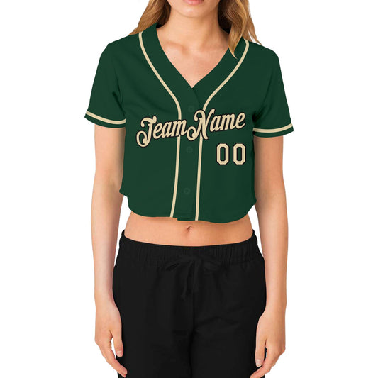 Custom Women's Green Cream-Black V-Neck Cropped Baseball Jersey - Sky-Custom
