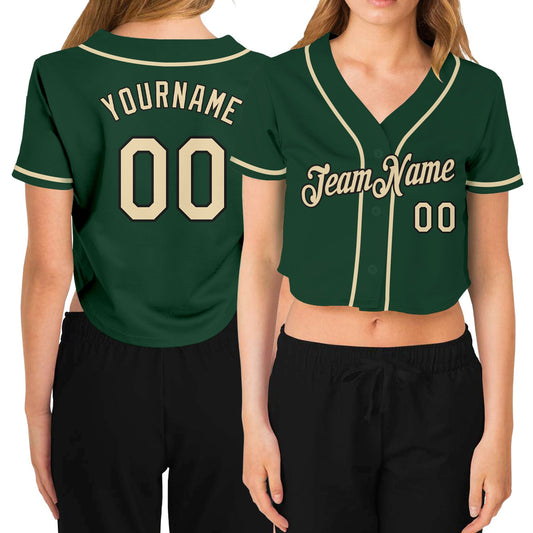 Custom Women's Green Cream-Black V-Neck Cropped Baseball Jersey - Sky-Custom