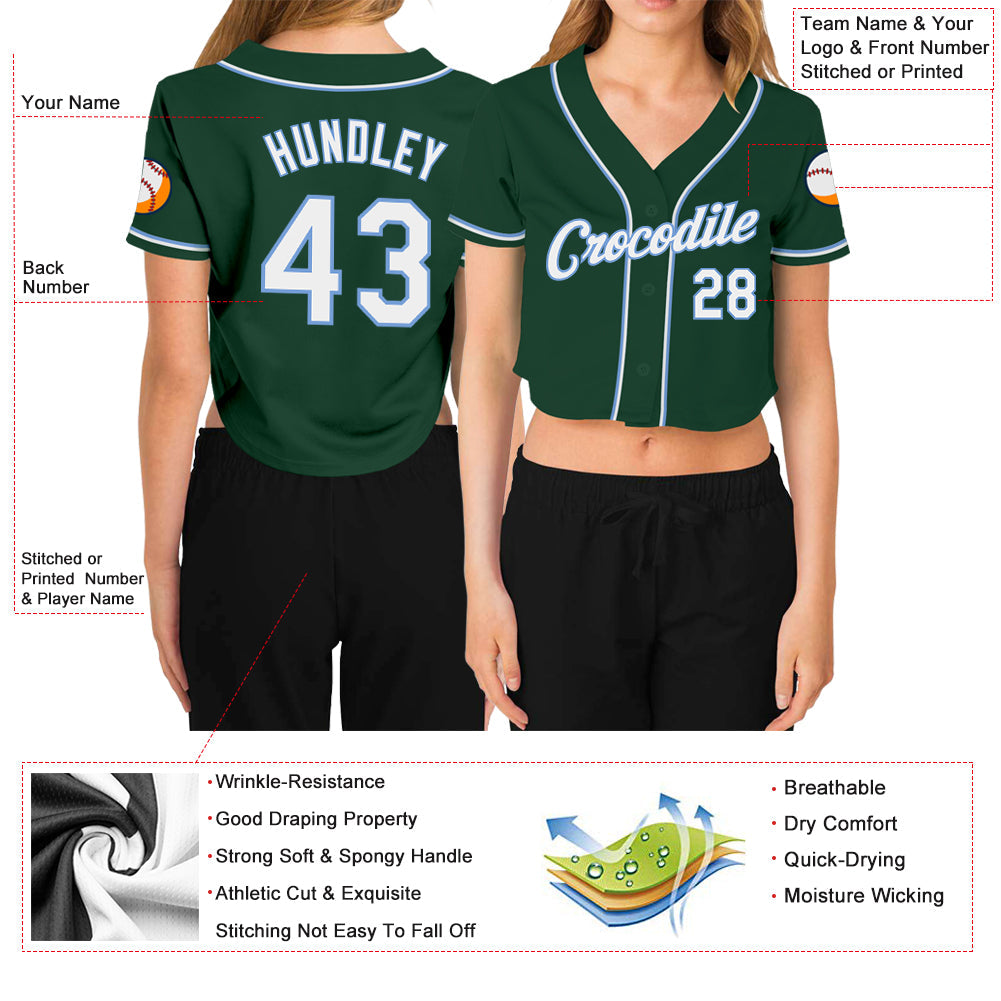 Custom Women's Green White-Light Blue V-Neck Cropped Baseball Jersey - Sky-Custom