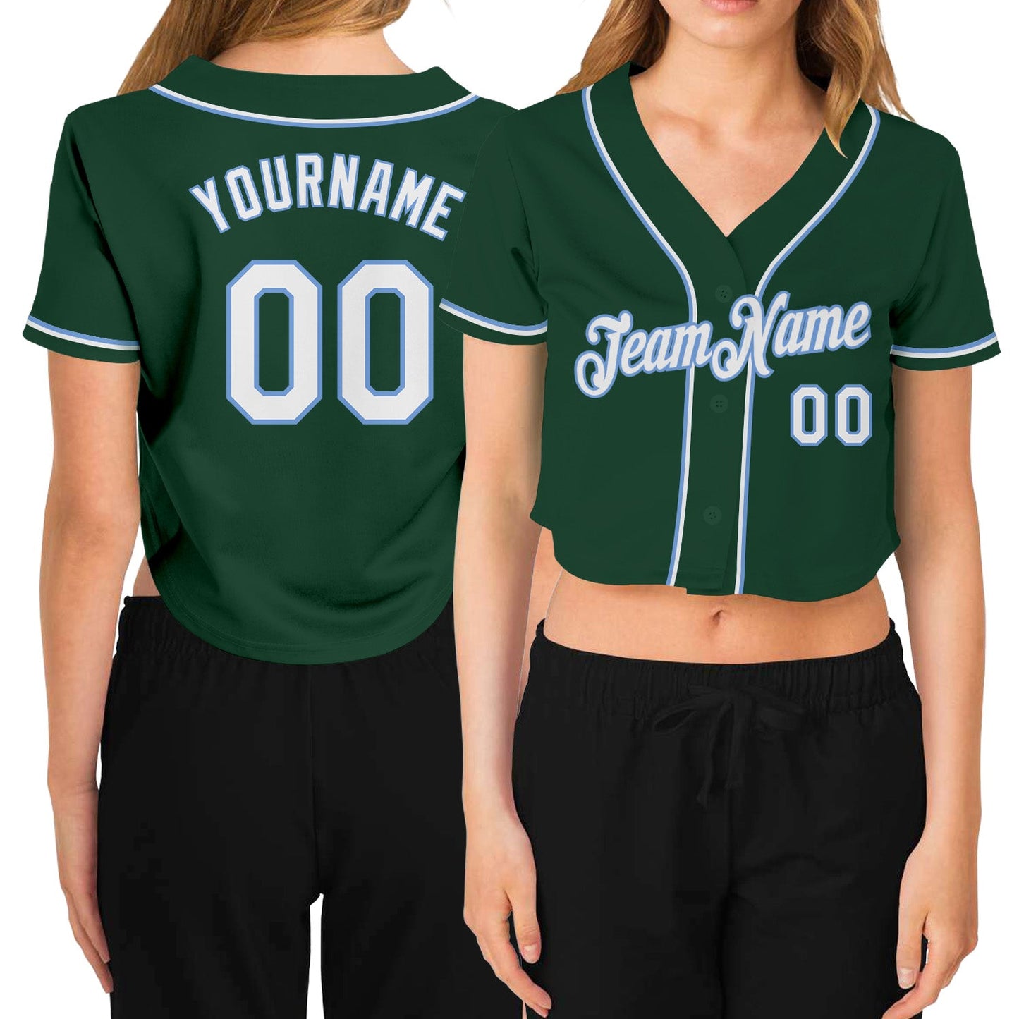 Custom Women's Green White-Light Blue V-Neck Cropped Baseball Jersey - Sky-Custom
