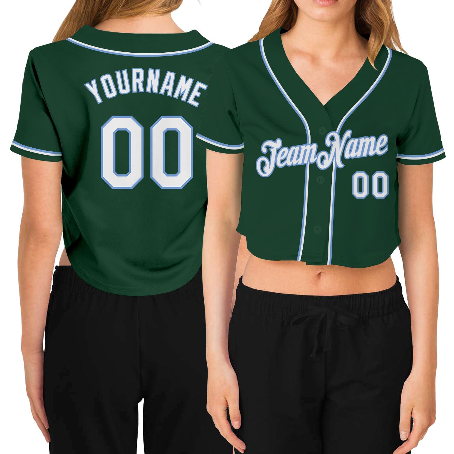 Custom Women's Green White-Light Blue V-Neck Cropped Baseball Jersey - Sky-Custom