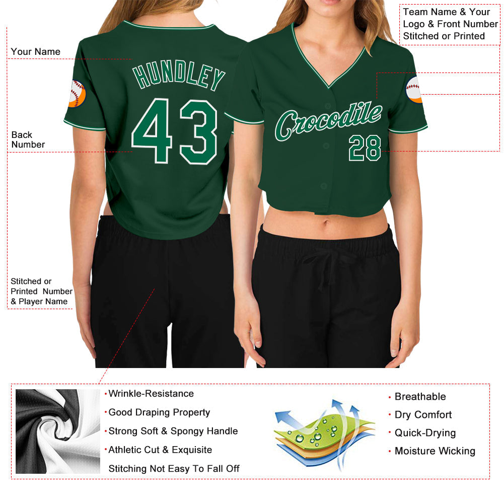 Custom Women's Green Kelly Green-White V-Neck Cropped Baseball Jersey - Sky-Custom