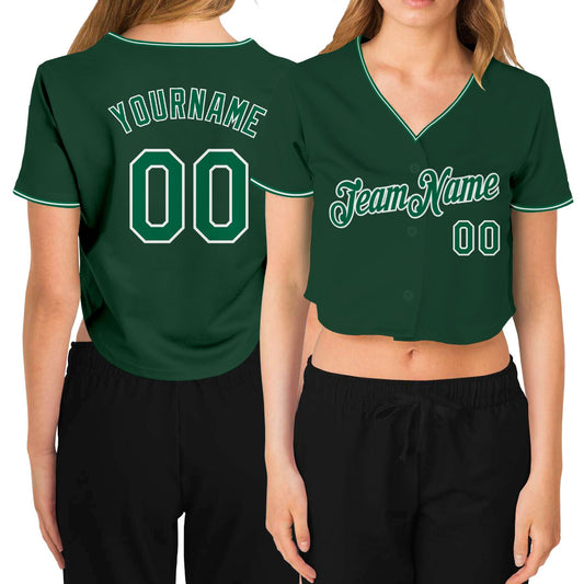 Custom Women's Green Kelly Green-White V-Neck Cropped Baseball Jersey - Sky-Custom