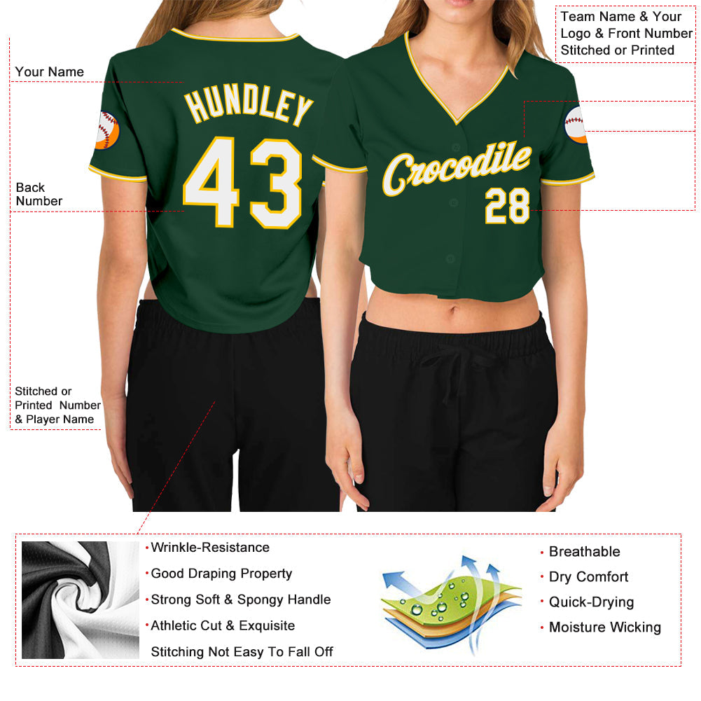Custom Women's Green White-Gold V-Neck Cropped Baseball Jersey - Sky-Custom
