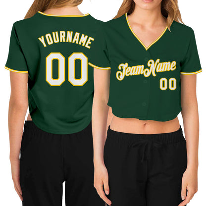 Custom Women's Green White-Gold V-Neck Cropped Baseball Jersey - Sky-Custom