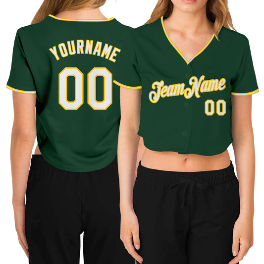 Custom Women's Green White-Gold V-Neck Cropped Baseball Jersey - Sky-Custom
