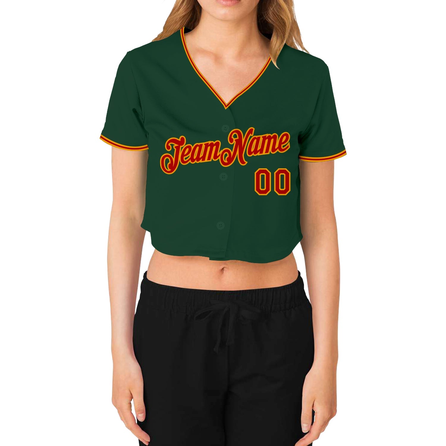 Custom Women's Green Red-Gold V-Neck Cropped Baseball Jersey - Sky-Custom