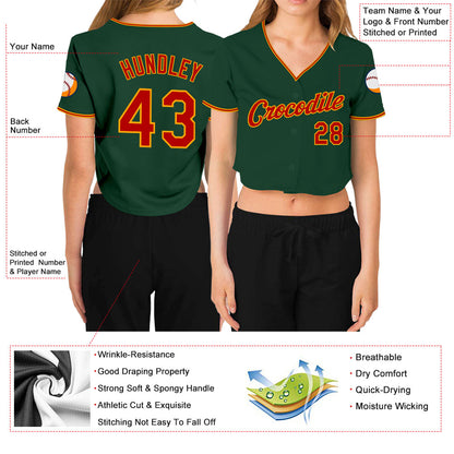 Custom Women's Green Red-Gold V-Neck Cropped Baseball Jersey - Sky-Custom