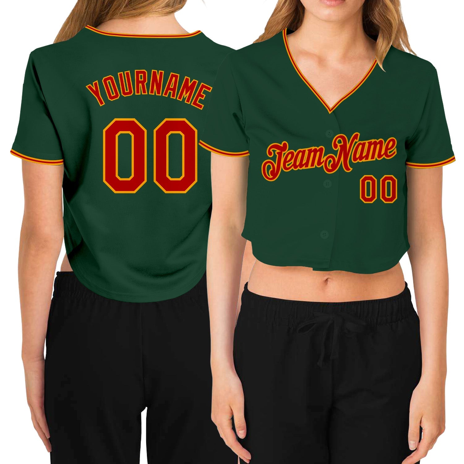 Custom Women's Green Red-Gold V-Neck Cropped Baseball Jersey - Sky-Custom