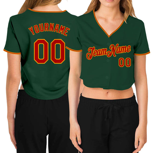 Custom Women's Green Red-Gold V-Neck Cropped Baseball Jersey - Sky-Custom