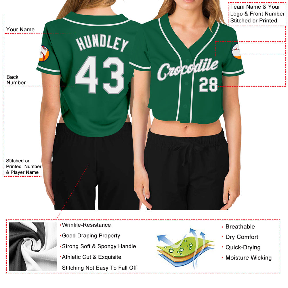 Custom Women's Kelly Green White-Gray V-Neck Cropped Baseball Jersey - Sky-Custom
