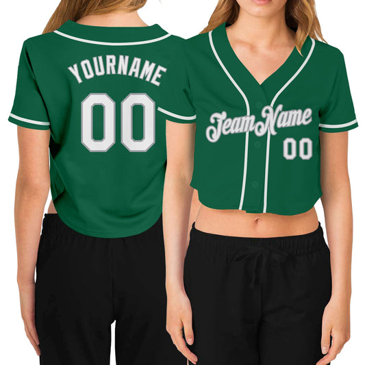 Custom Women's Kelly Green White-Gray V-Neck Cropped Baseball Jersey - Sky-Custom