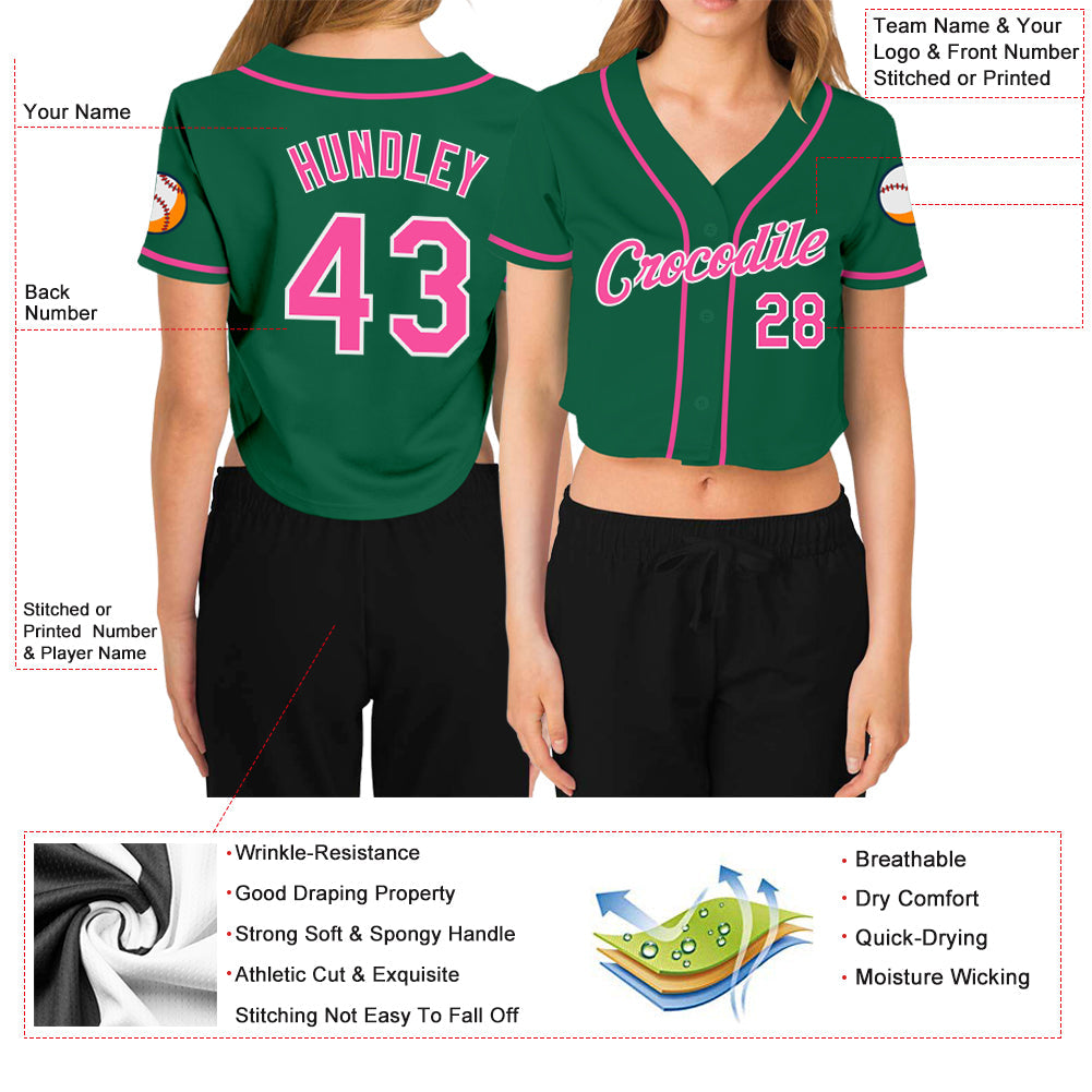 Custom Women's Kelly Green Pink-White V-Neck Cropped Baseball Jersey - Sky-Custom