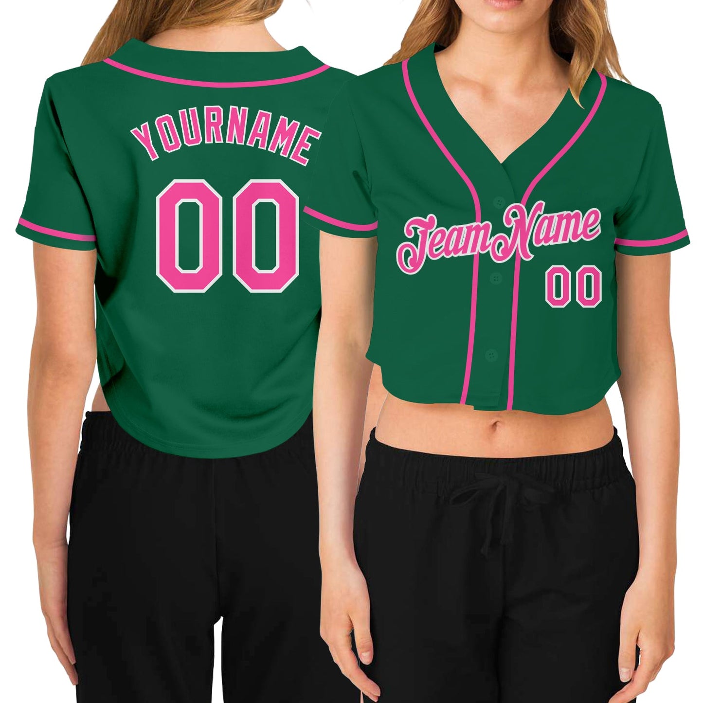 Custom Women's Kelly Green Pink-White V-Neck Cropped Baseball Jersey - Sky-Custom