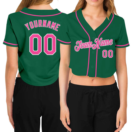 Custom Women's Kelly Green Pink-White V-Neck Cropped Baseball Jersey - Sky-Custom