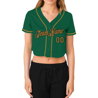 Custom Women's Kelly Green Old Gold-Black V-Neck Cropped Baseball Jersey - Sky-Custom