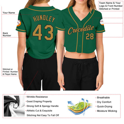 Custom Women's Kelly Green Old Gold-Black V-Neck Cropped Baseball Jersey - Sky-Custom