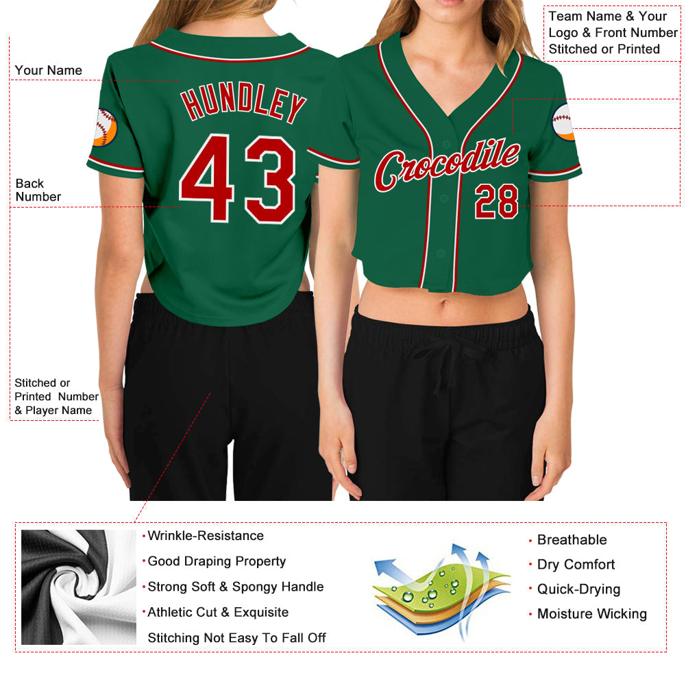 Custom Women's Kelly Green Red-White V-Neck Cropped Baseball Jersey - Sky-Custom