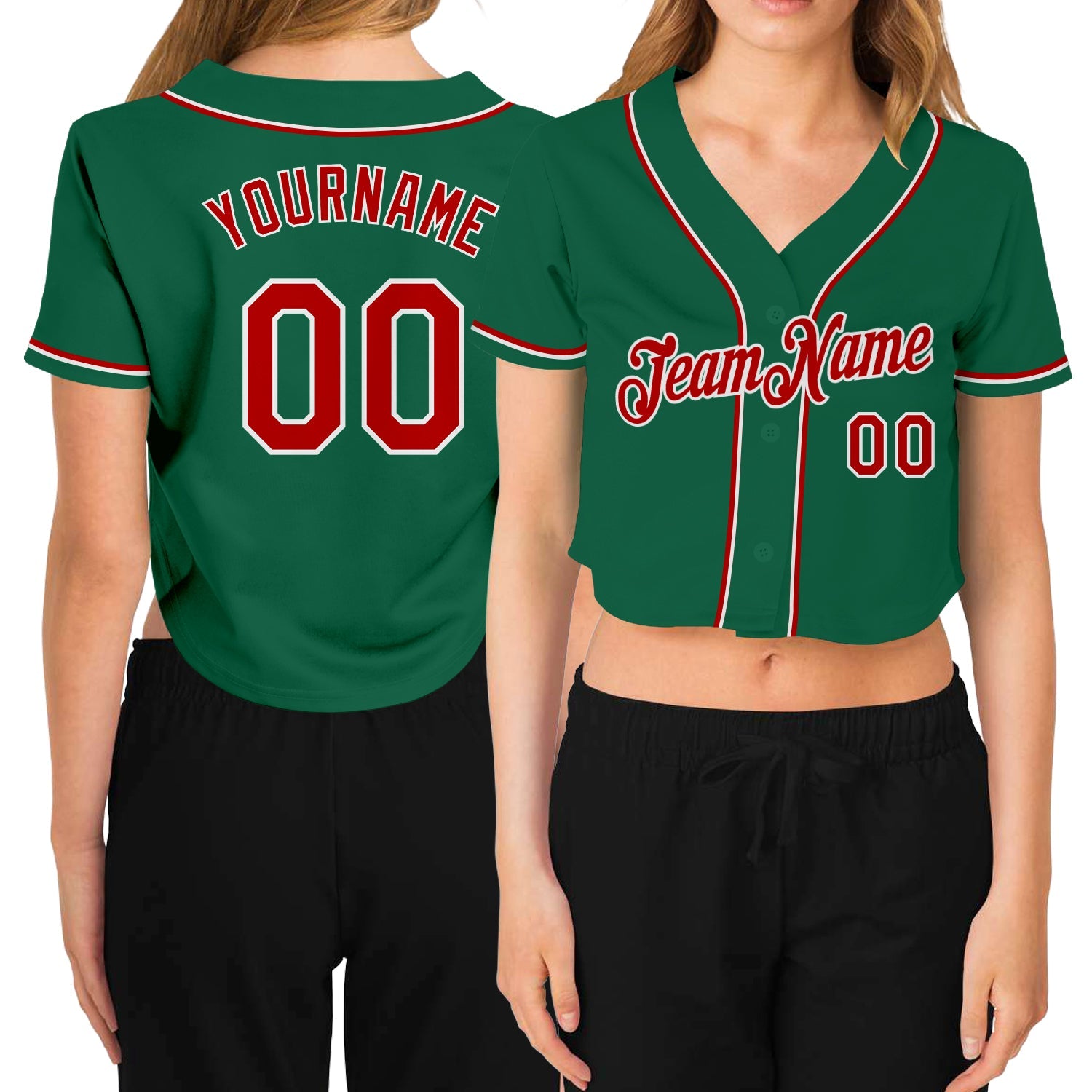 Custom Women's Kelly Green Red-White V-Neck Cropped Baseball Jersey - Sky-Custom