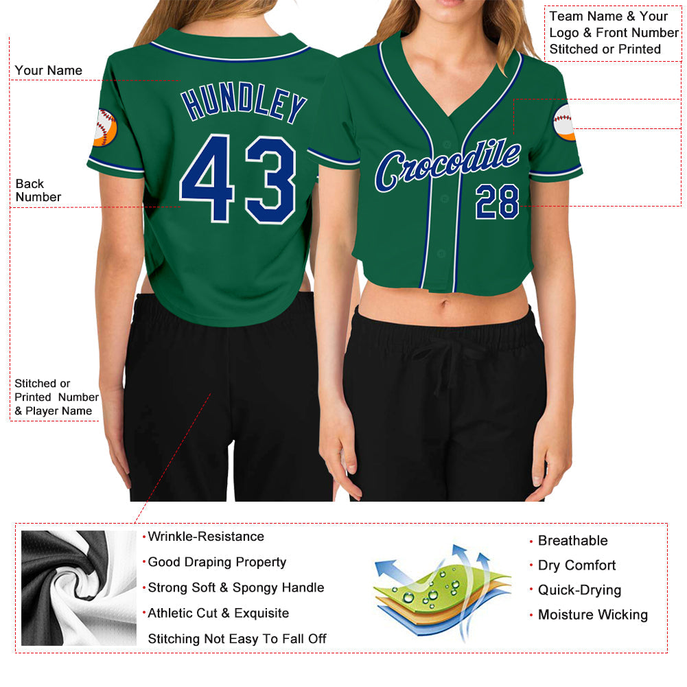 Custom Women's Kelly Green Royal-White V-Neck Cropped Baseball Jersey - Sky-Custom