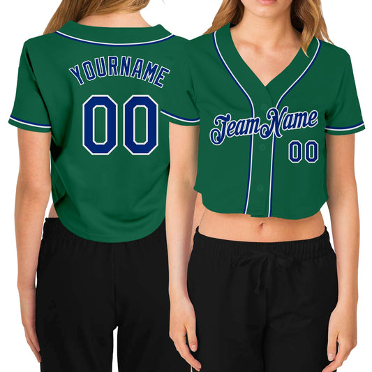 Custom Women's Kelly Green Royal-White V-Neck Cropped Baseball Jersey - Sky-Custom