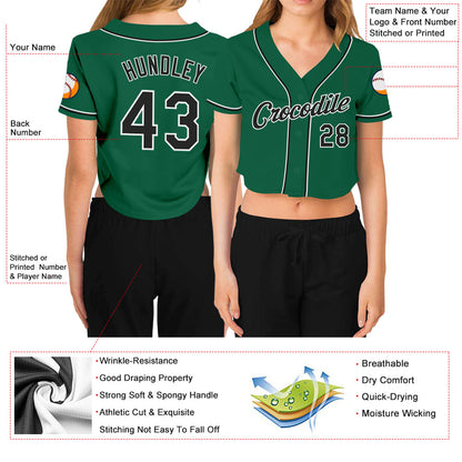 Custom Women's Kelly Green Black-White V-Neck Cropped Baseball Jersey - Sky-Custom