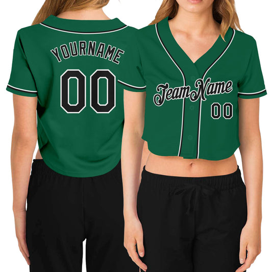 Custom Women's Kelly Green Black-White V-Neck Cropped Baseball Jersey - Sky-Custom
