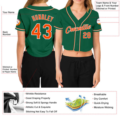 Custom Women's Kelly Green Orange-White V-Neck Cropped Baseball Jersey - Sky-Custom