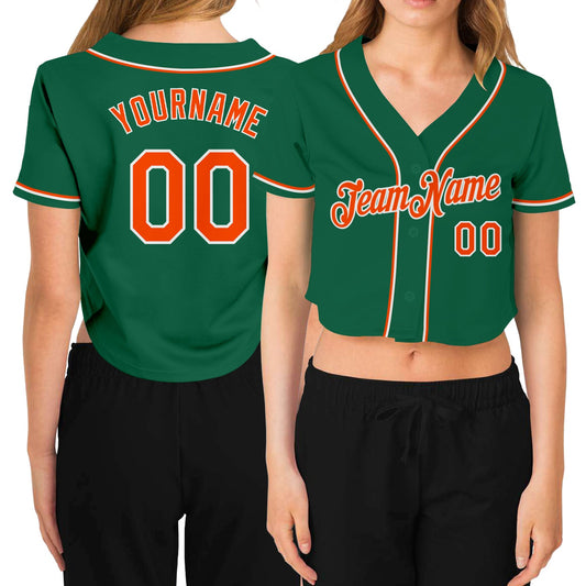Custom Women's Kelly Green Orange-White V-Neck Cropped Baseball Jersey - Sky-Custom