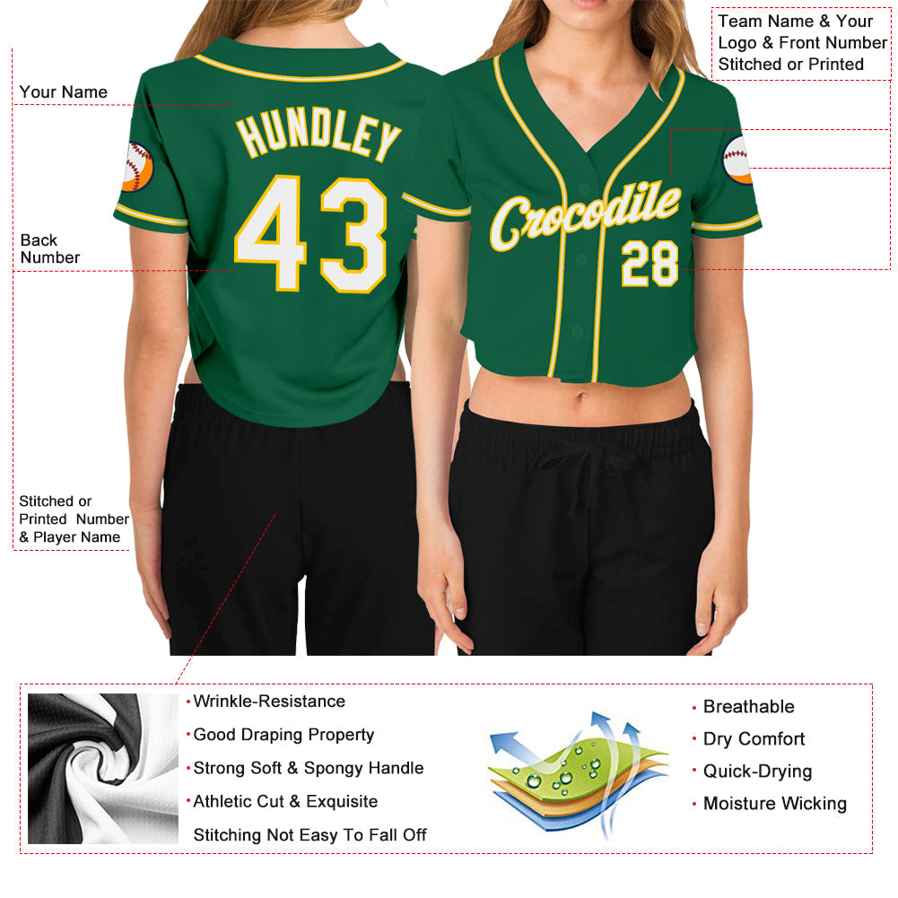 Custom Women's Kelly Green White-Gold V-Neck Cropped Baseball Jersey - Sky-Custom