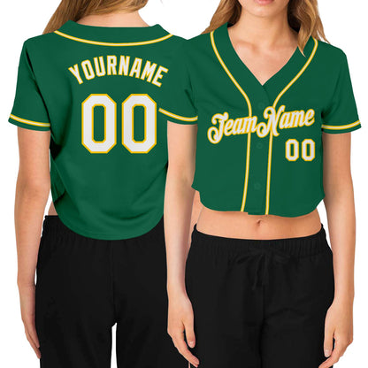 Custom Women's Kelly Green White-Gold V-Neck Cropped Baseball Jersey - Sky-Custom