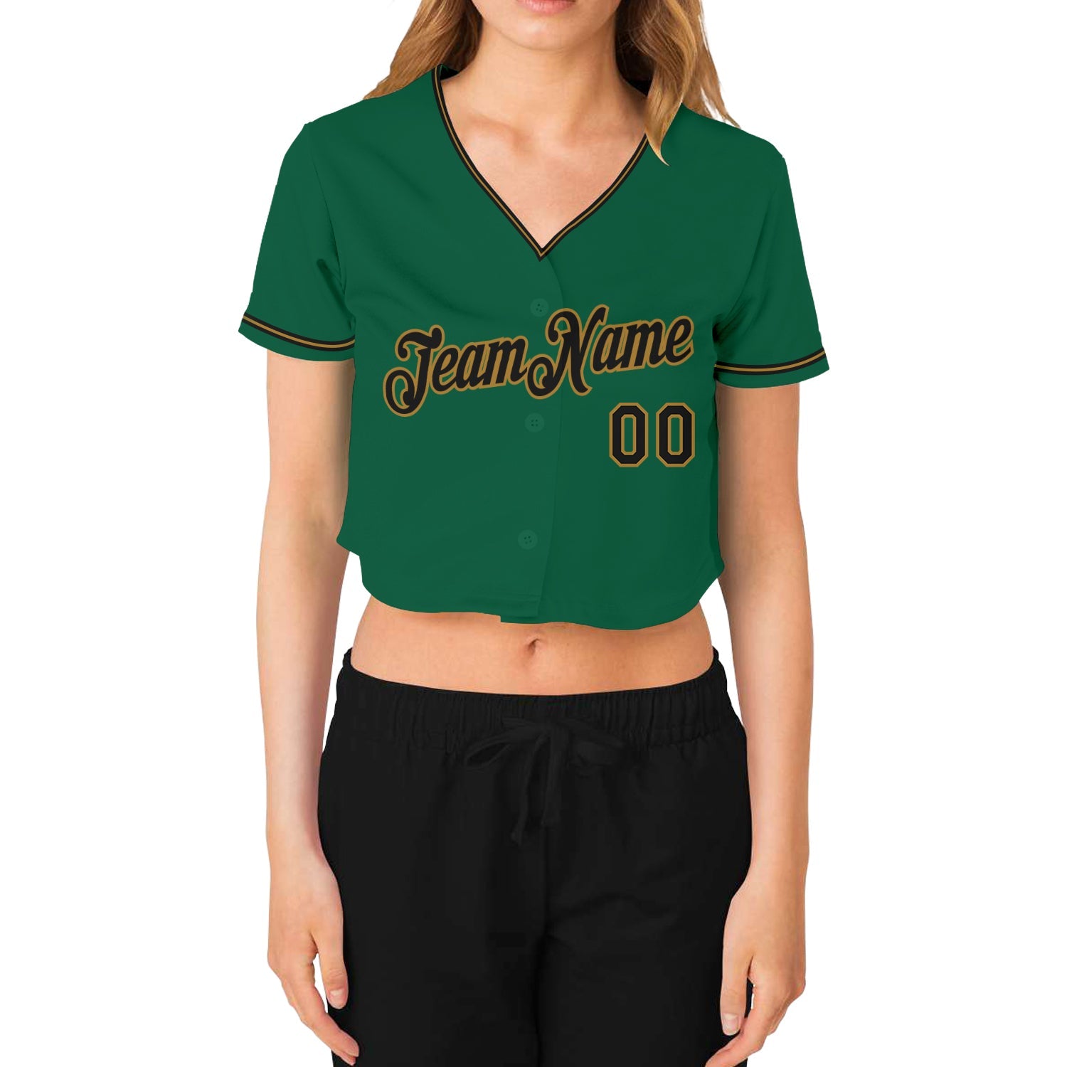 Custom Women's Kelly Green Black-Old Gold V-Neck Cropped Baseball Jersey - Sky-Custom