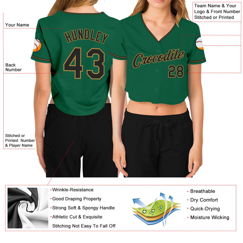 Custom Women's Kelly Green Black-Old Gold V-Neck Cropped Baseball Jersey - Sky-Custom
