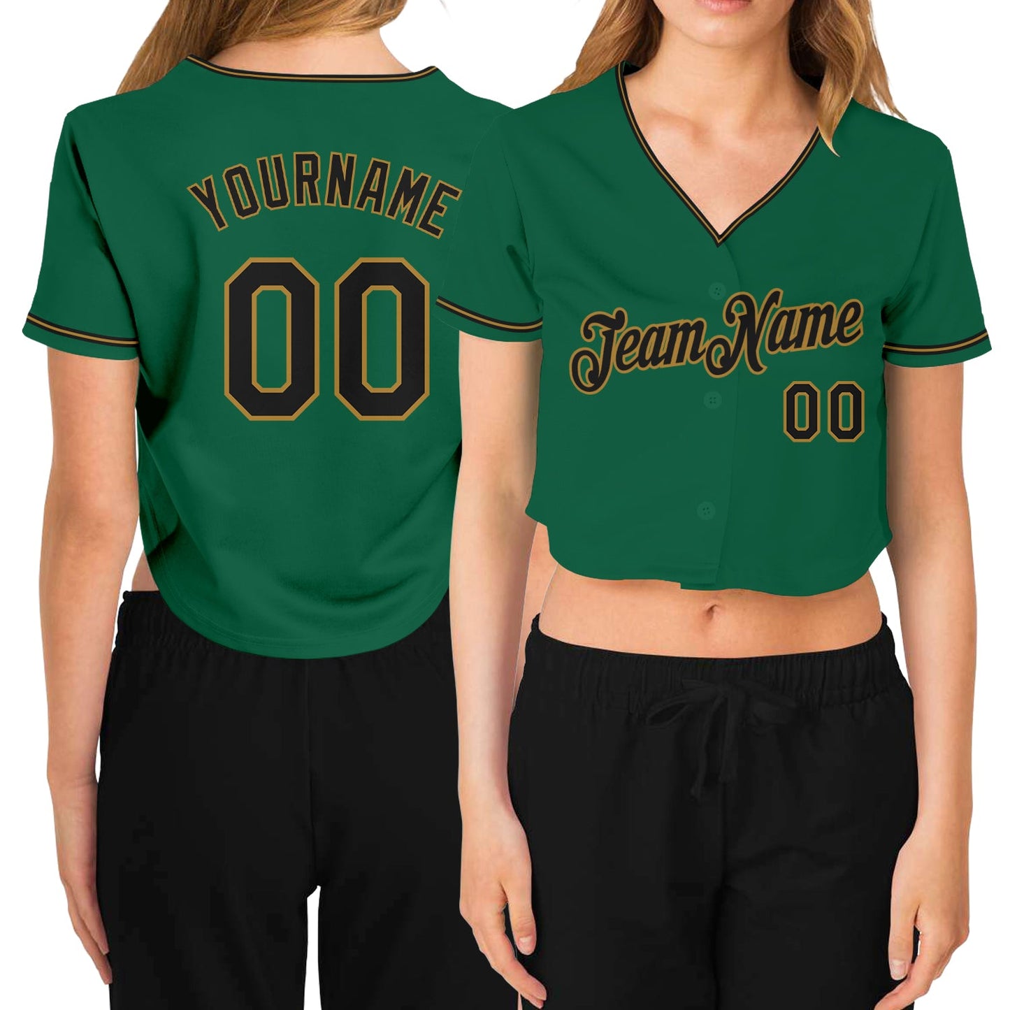 Custom Women's Kelly Green Black-Old Gold V-Neck Cropped Baseball Jersey - Sky-Custom
