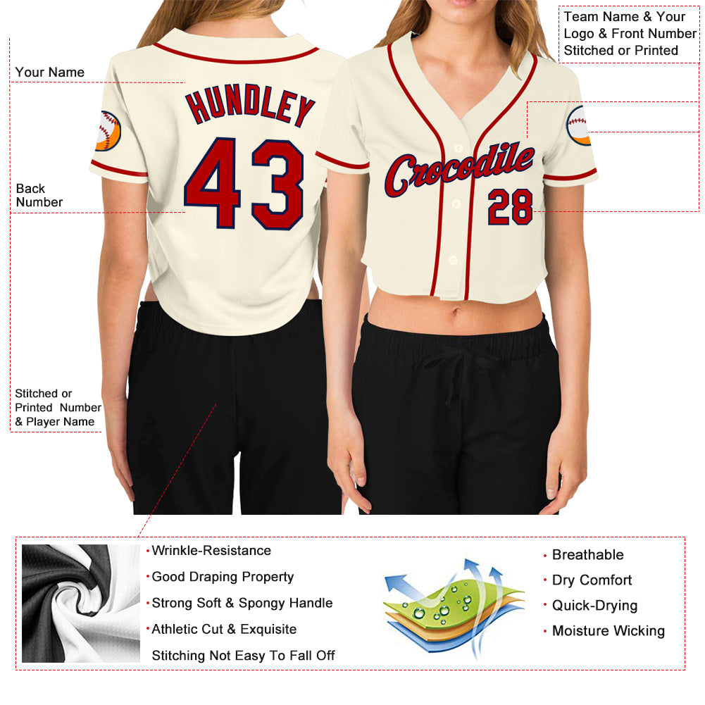 Custom Women's Cream Red-Navy V-Neck Cropped Baseball Jersey - Sky-Custom