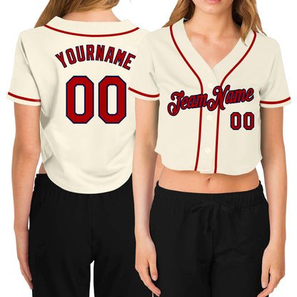 Custom Women's Cream Red-Navy V-Neck Cropped Baseball Jersey - Sky-Custom